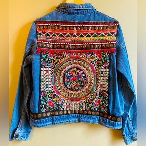 NEW Boho Festival Embroidered & Sequin Denim Jean Pom Trim Hippie Trendy Jacket
